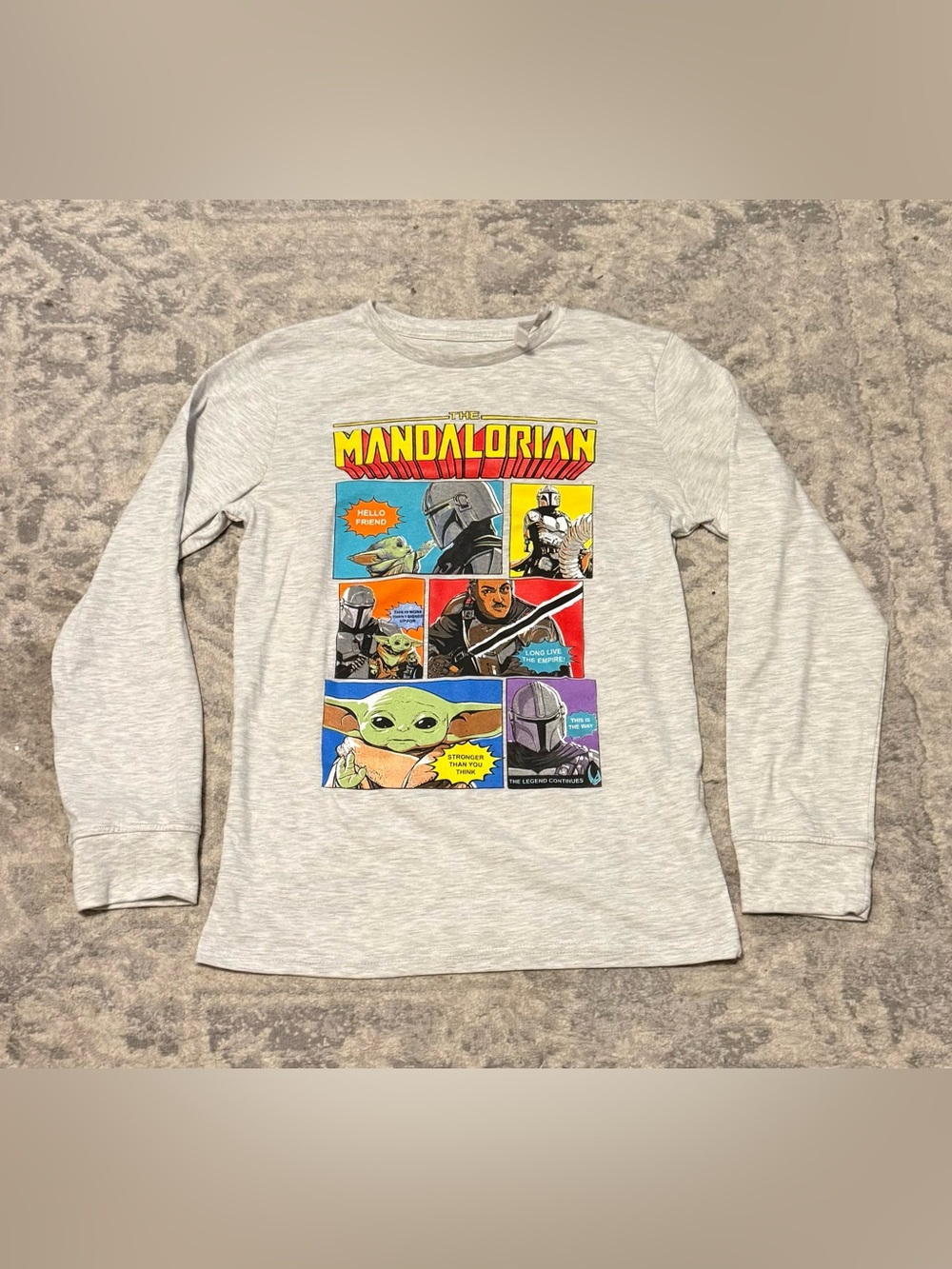 Star Wars Mandalorian Kids L White Long Sleeve Graphic Tee Block Print Cuffed